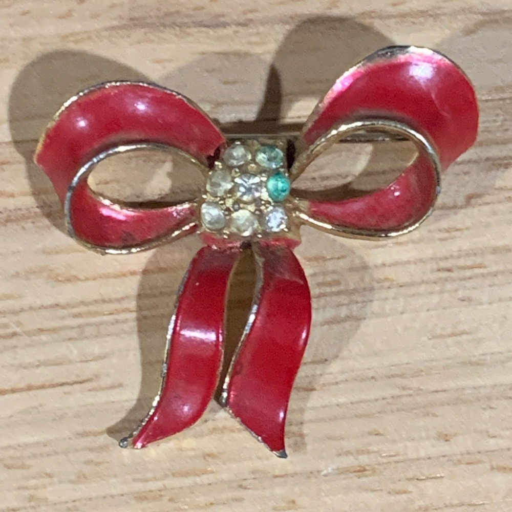 Unbranded Bow Brooch Women OS Red Enamel Rhinestone Vintage Holiday Pin